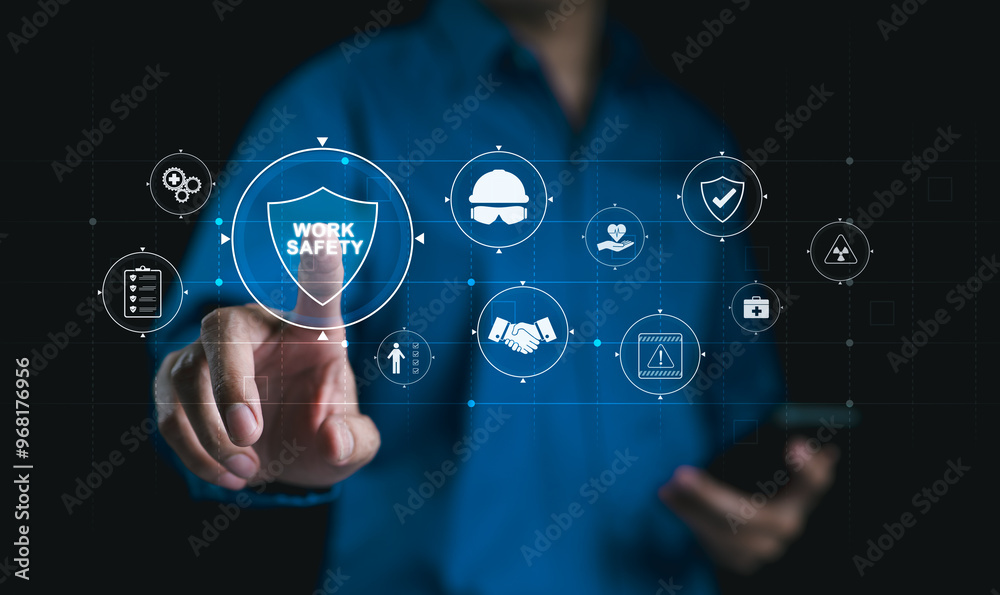 © Supatman - Work Safety and Compliance Concept, Safety First, A person with work safety and compliance icons, including a shield, hard hat, checklist, workplace safety, health protocols, and regulatory compliance