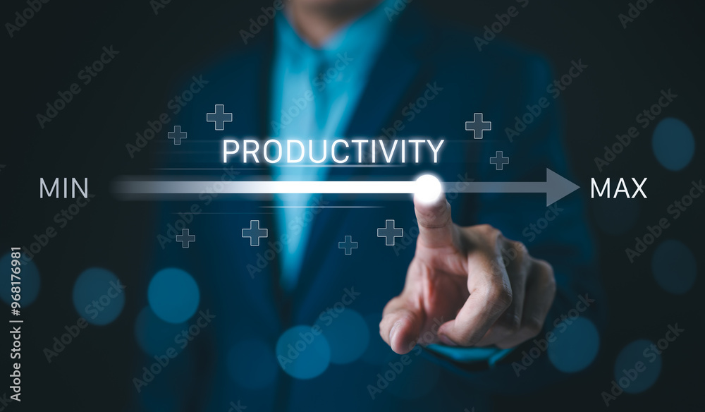 Increasing Productivity and Efficiency Concept. Businessman adjusting virtual slider from min to max, process to increase productivity and efficient. Progress and optimization in business operations. Increasing Productivity and Efficiency Concept. Businessman adjusting virtual slider from min to max, process to increase productivity and efficient. Progress and optimization in business operations.