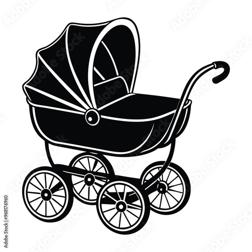 Cute baby carriage vector icon, Baby stroller silhouette black isolated on white background