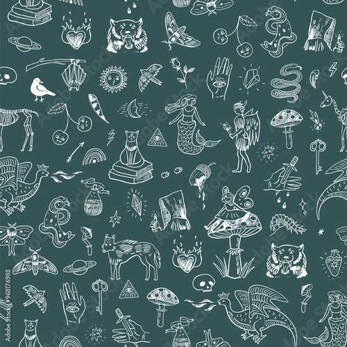 Mystical tale halloween illustrations seamless line pattern.