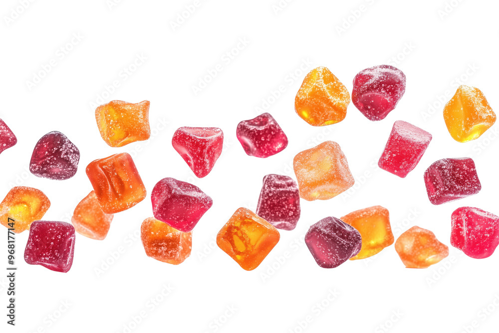 Colorful midget gem jelly sweets tumbling through the air in a playful display of sugary fun Colorful midget gem jelly sweets tumbling through the air in a playful display of sugary fun