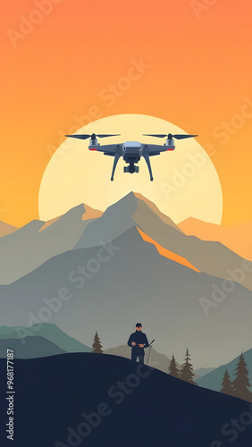 Drone flying over a mountain landscape during sunset with a figure below