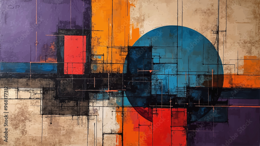 Abstract Geometric Painting with Vibrant Colors and Textured Background