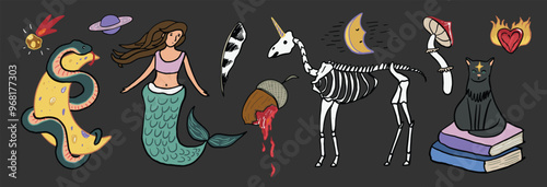 Mystical tale halloween illustrations set.