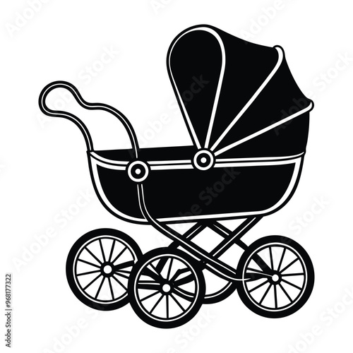 Cute baby carriage vector icon, Baby stroller silhouette black isolated on white background