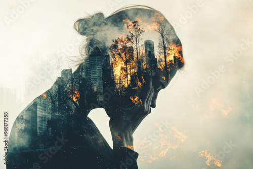 Young woman suffering from eco-anxiety with a burning city superimposed over her head