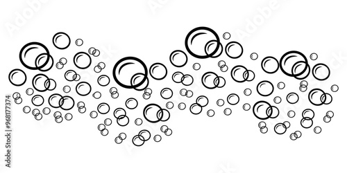Cluster of water bubbles in linear style. Border of fizzy balloons. A doodle pattern of soap foam