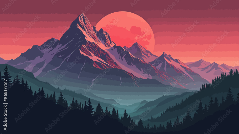 Stylized Mountain Landscape with Red Moon and Gradient Sky
