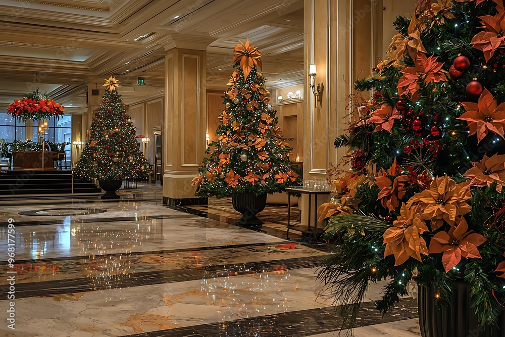 Hotel lobby with sophisticated holiday decor including Christmas trees.