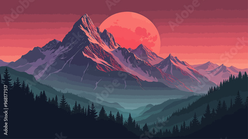 Stylized Mountain Landscape with Red Moon and Gradient Sky