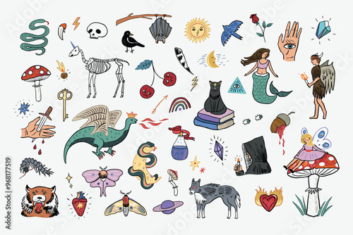 Mystical tale halloween illustrations set.