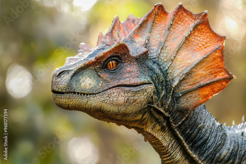 A close up of Dilophosaurus neck frill showcasing its vibrant colors and textures photo