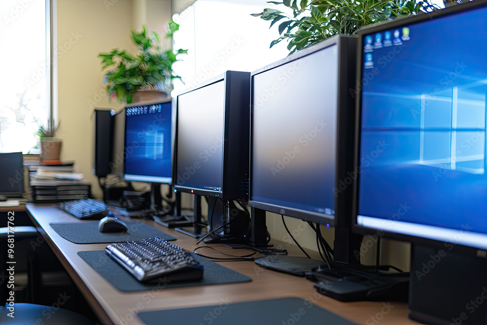 A close up of government offices computer setup featuring multiple monitors A close up of government offices computer setup featuring multiple monitors