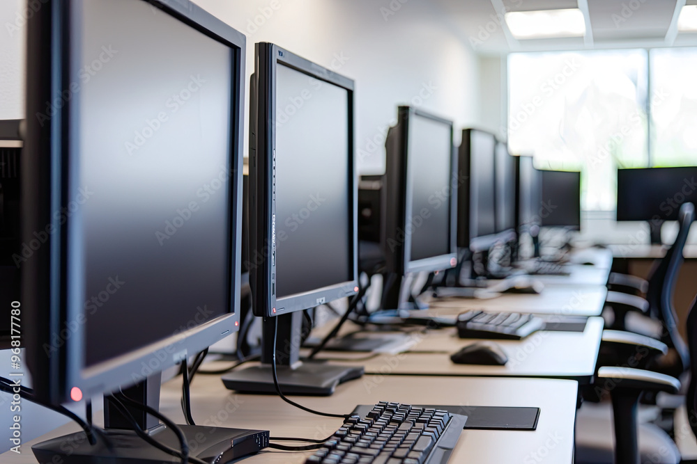 A close up of government offices computer setup showcasing multiple monitors A close up of government offices computer setup showcasing multiple monitors