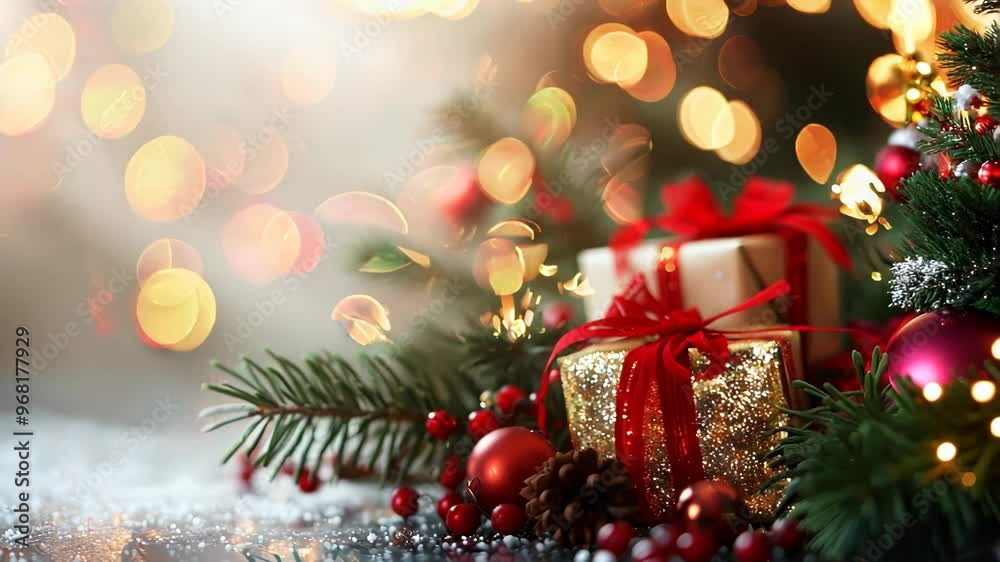 Christmas card with gift boxes, tree branches and a blurred background with bokeh Christmas card with gift boxes, tree branches and a blurred background with bokeh