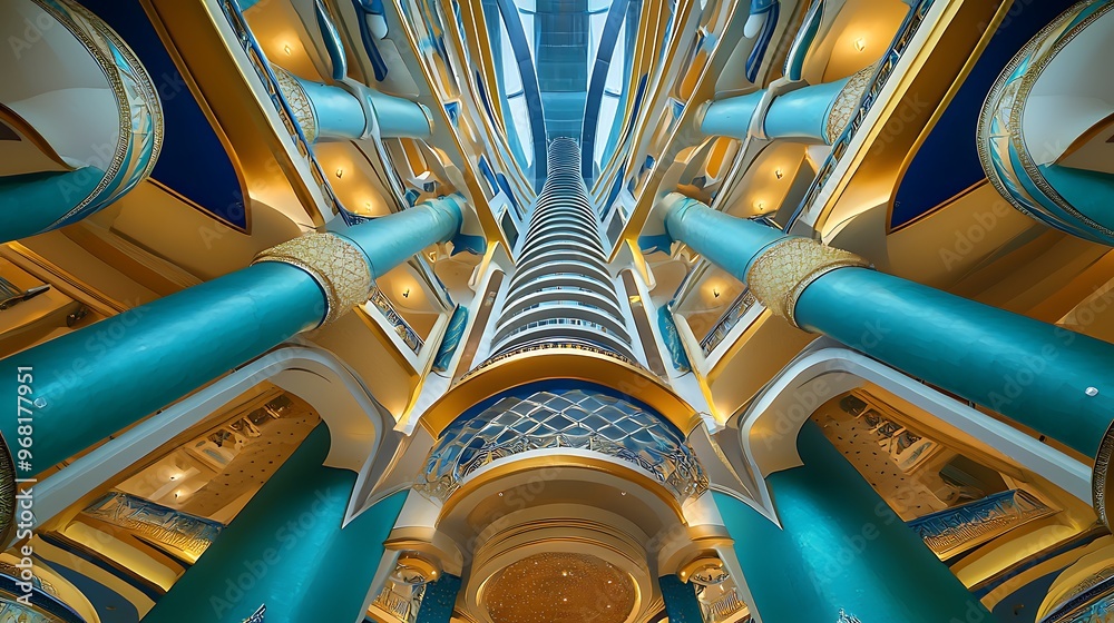Burj al Arab lobby and its tall hotel atrium viewed upward.