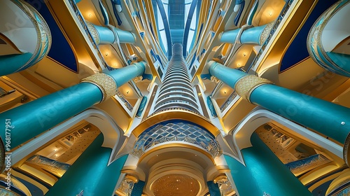 Obraz na płótnie Burj al Arab lobby and its tall hotel atrium viewed upward. w salonie