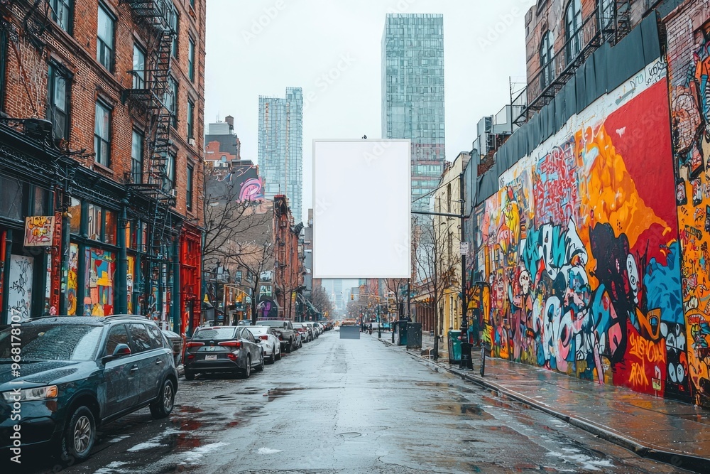 Fototapeta premium Urban Street Scene with Blank Billboard and Graffiti Art