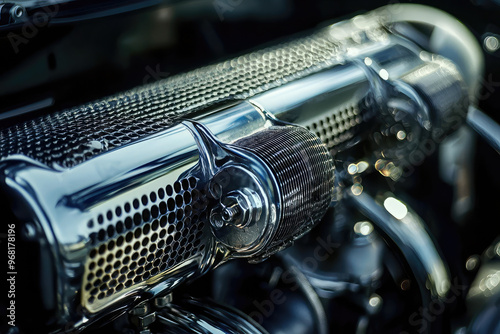 A close up of high performance engines intercooler showcasing intricate details and shine