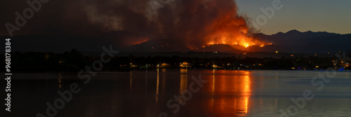 panorama of wildfire at Colorado foothills west of Loveland, smoke plume from Mount Alexander fire as seen at sunset from Boyd Lake