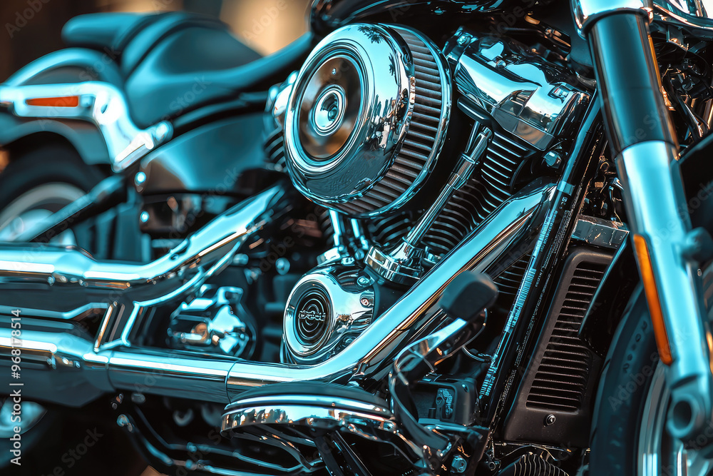 A close up of motorcycle engine showcasing intricate details and chrome finish A close up of motorcycle engine showcasing intricate details and chrome finish