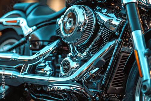 A close up of motorcycle engine showcasing intricate details and chrome finish