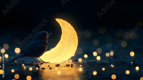Radiant cute bird beneath half moon lighting pattern picture