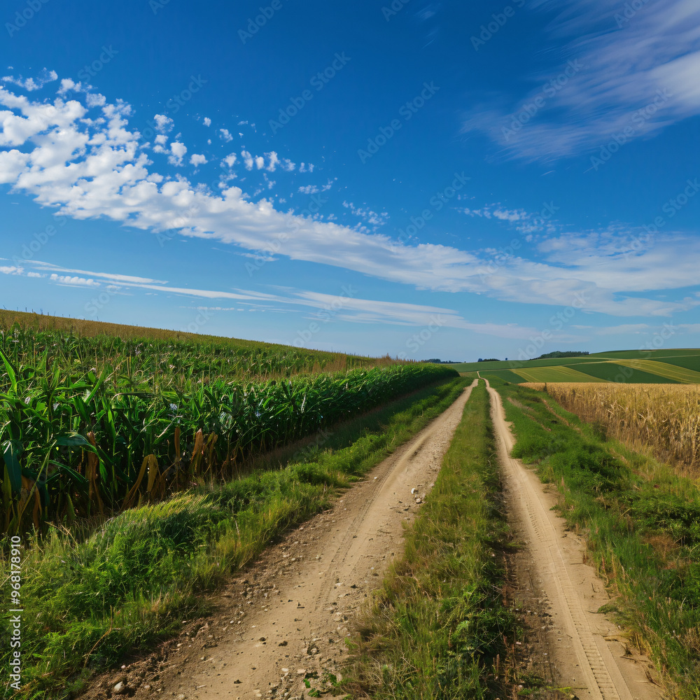 Dirt road through maize green field under blue sky Dirt road through maize green field under blue sky