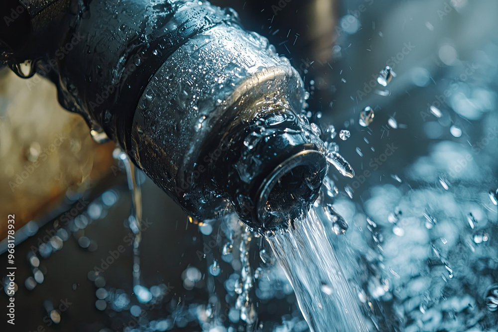 A close up of water pipe being cleaned, showcasing flowing water and droplets A close up of water pipe being cleaned, showcasing flowing water and droplets