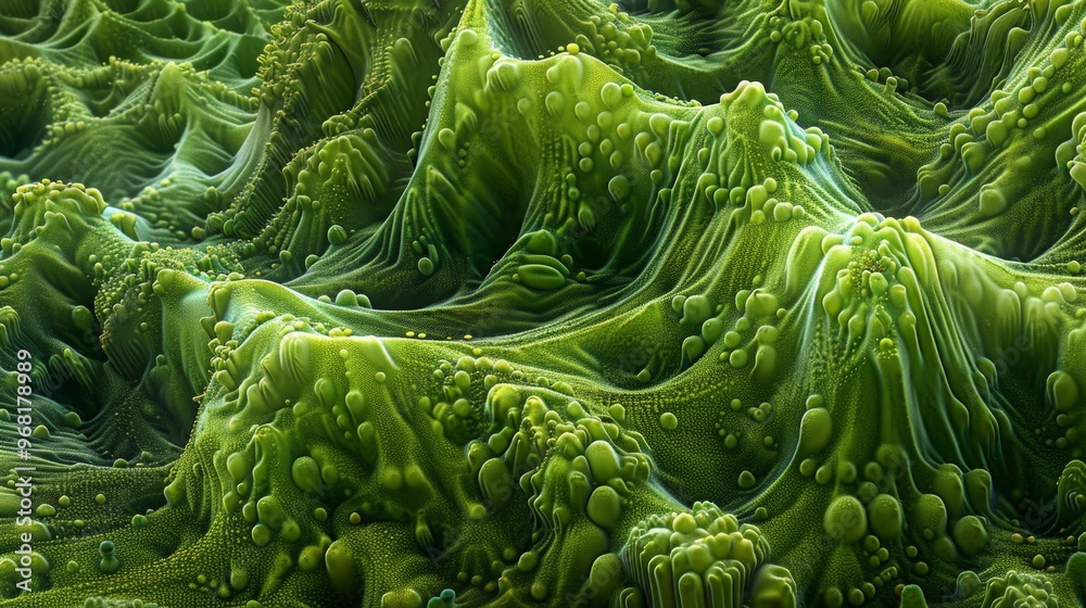 Close-up view of green microscopic organisms of algae cells, creating an abstract and organic pattern ideal for backgrounds. Close-up view of green microscopic organisms of algae cells, creating an abstract and organic pattern ideal for backgrounds.