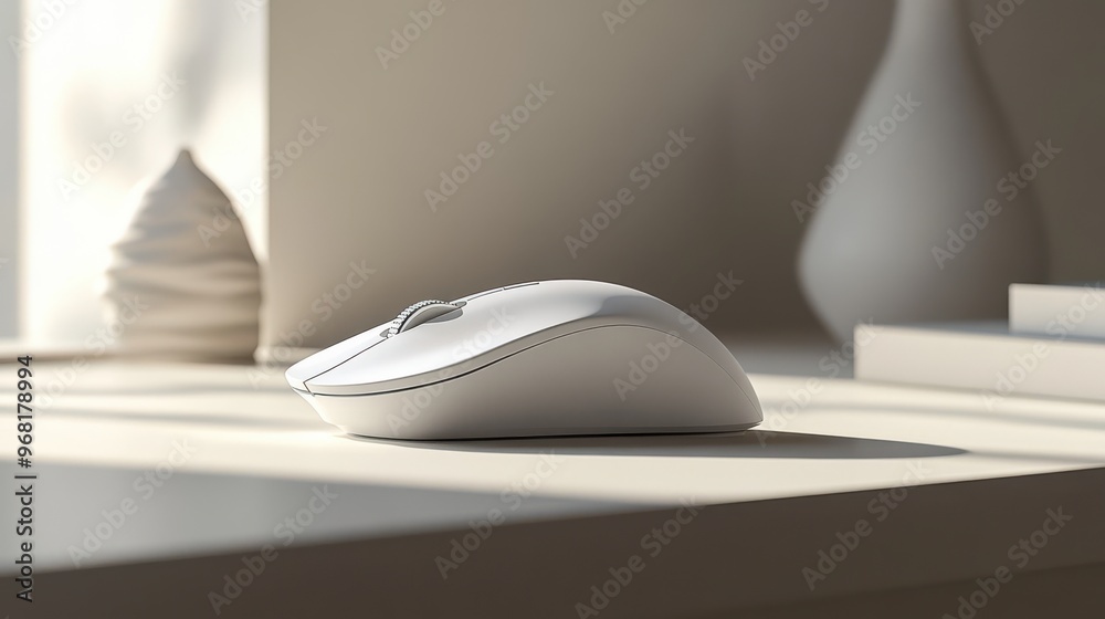 A minimalist white computer mouse rests on a desk bathed in soft afternoon sunlight A minimalist white computer mouse rests on a desk bathed in soft afternoon sunlight