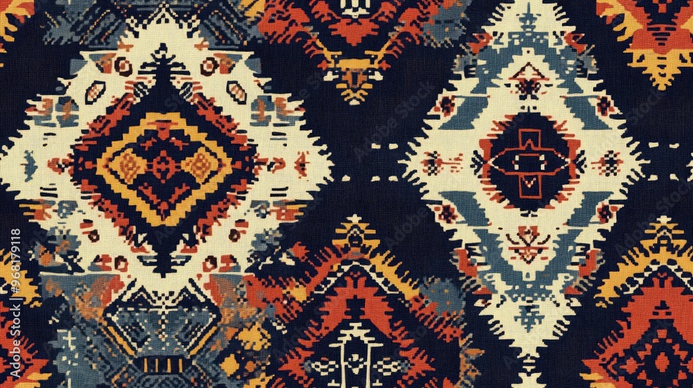 Abstract ethnic ikat art featuring Aztec inspired geometric patterns Seamless oriental design suitable for backgrounds curtains carpets wallpapers clothing and wrapping materials including Batik Abstract ethnic ikat art featuring Aztec inspired geometric patterns Seamless oriental design suitable for backgrounds curtains carpets wallpapers clothing and wrapping materials including Batik