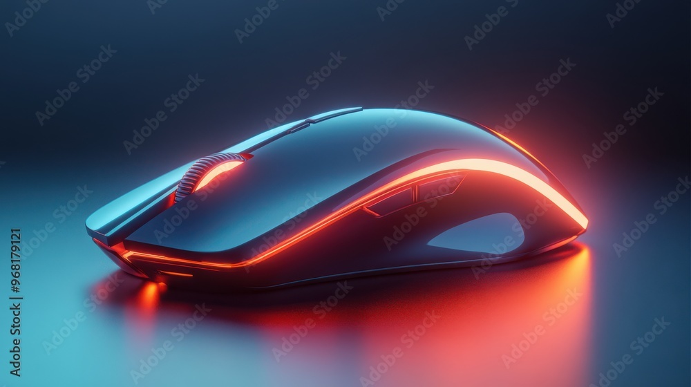 Sleek gaming mouse illuminated by vibrant lights on a dark surface during night gaming session Sleek gaming mouse illuminated by vibrant lights on a dark surface during night gaming session