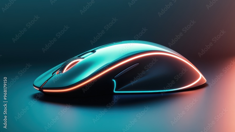A sleek gaming mouse with vibrant neon lights creating a dynamic ambiance in a dark setting A sleek gaming mouse with vibrant neon lights creating a dynamic ambiance in a dark setting