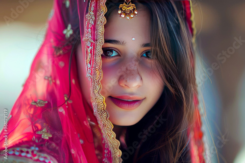 A beautiful Indian girl mesmerizes in a beauty shot, with her enchanting eyes and captivating smile stealing the spotlight. photo