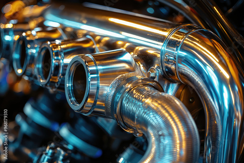 A close up of an engines exhaust manifold showcasing intricate details and shiny metal