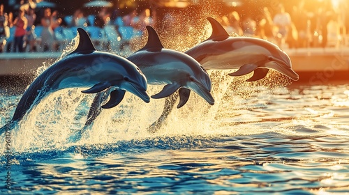 Dolphins Leaping Out of Water in Bright Sunlight photo