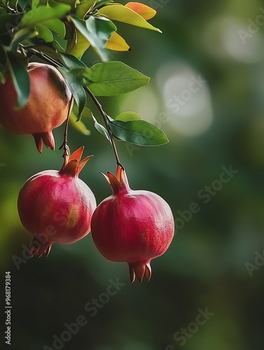 Two Ripe Pomegranates Hanging from Tree Branch photo