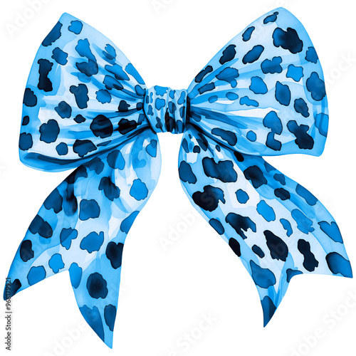 Blue Leopard Print Watercolor Bow PNG, Cheetah Bow Clipart