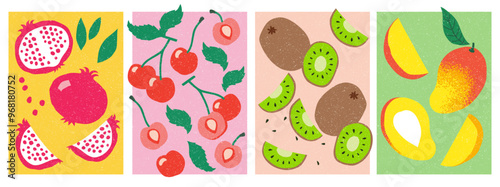 A beautiful collection of hand made, colorful fruit: pomegranate, cherries and kiwi. Vector illustration. Perfect for print or digital.