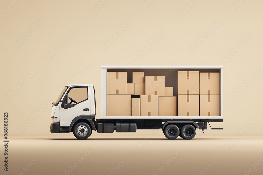 Delivery Truck Filled with Cardboard Boxes on Beige Background Delivery Truck Filled with Cardboard Boxes on Beige Background