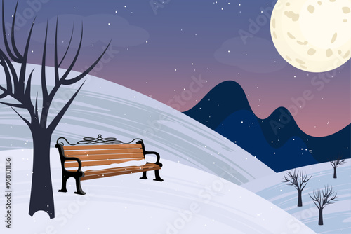 Winter city park with wooden bench. Urban empty public garden landscape tree and moon