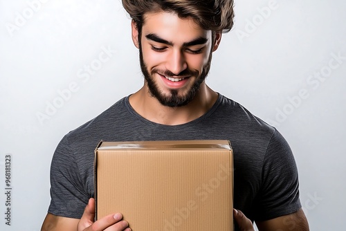 Man Smiling and Holding a Delivery Box Against White Background photo