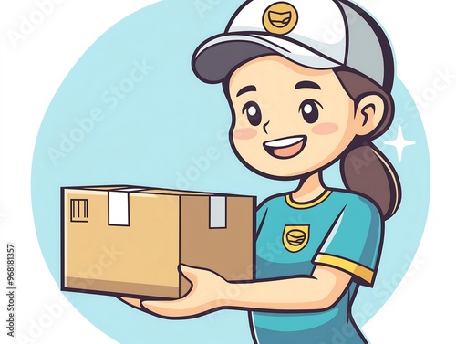 Cartoon Female Courier Smiling and Holding a Delivery Box photo