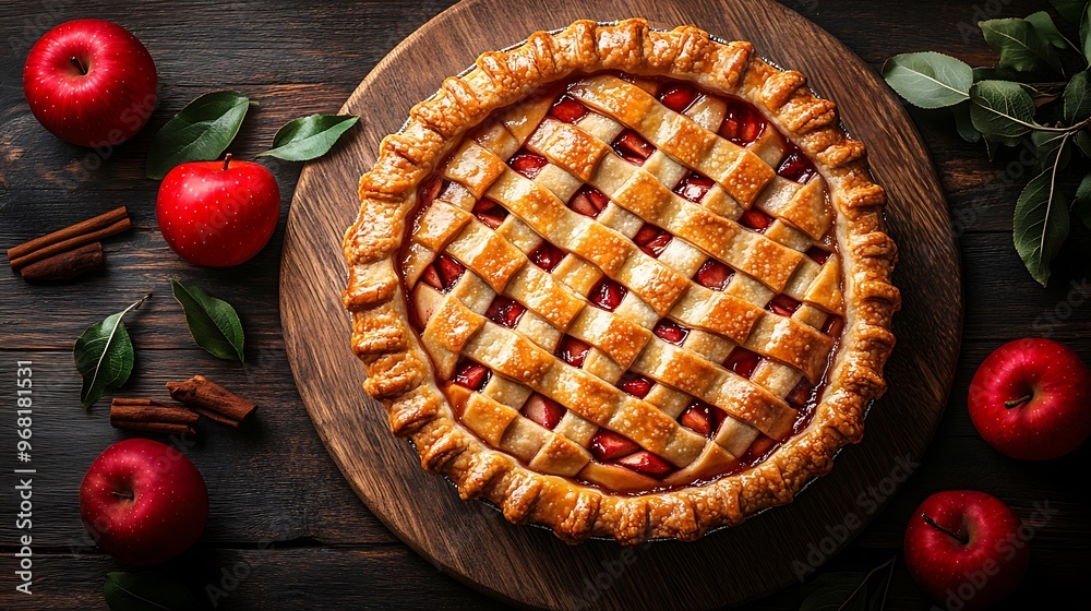 A homemade apple pie with a lattice crust, surrounded by apples and cinnamon sticks on a wooden table. A homemade apple pie with a lattice crust, surrounded by apples and cinnamon sticks on a wooden table.