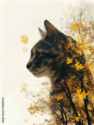 Cat silhouette with an autumn forest in double exposure. Perfect for nature and pet lovers, blending wildlife and domestic imagery.