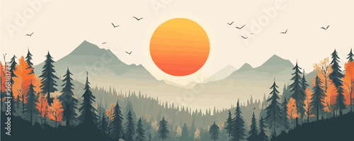 Serene autumn vector scene with the sun setting behind misty mountains and a forest. Ideal for tranquil outdoor-themed designs and autumn collections.
