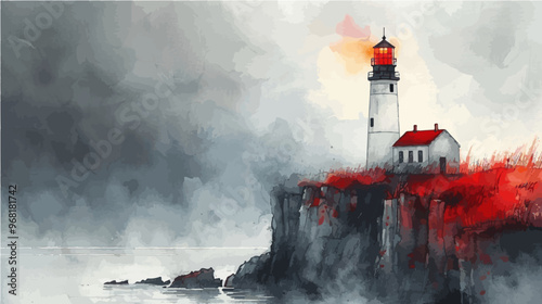 Hand-painted vector of a lighthouse on a misty cliff with stormy clouds in the background. Perfect for nautical, coastal, and sea-inspired designs.