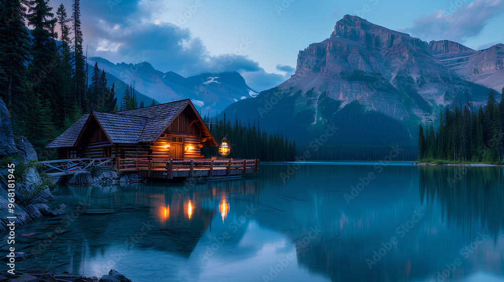 Fototapeta premium small house located around beautiful mountains and lakes