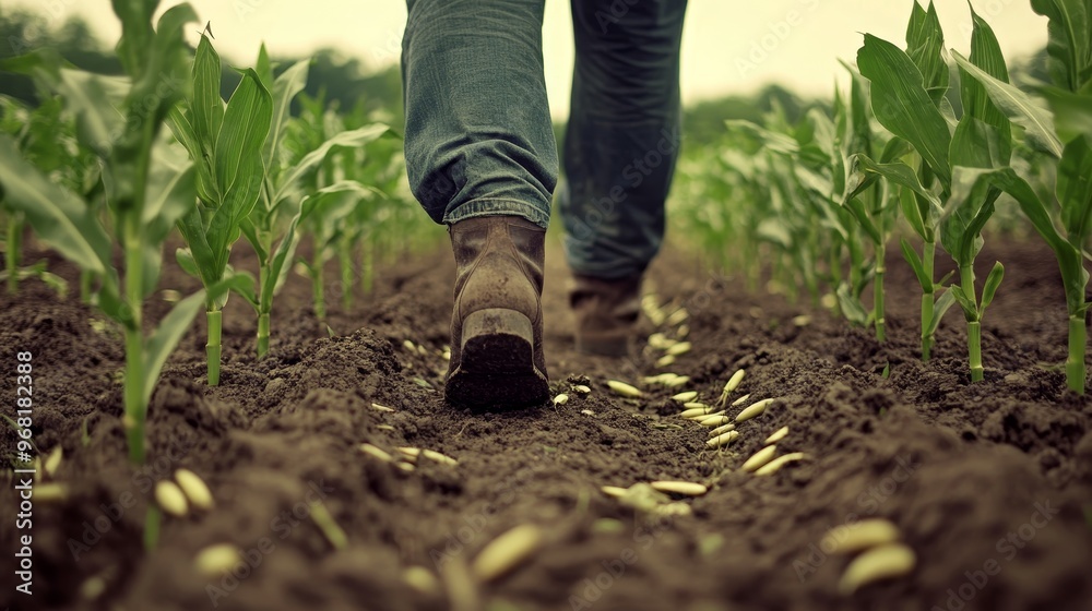 A farmer strolls through a cornfield, examining the young plants. His boots trudge through the rows, a testament to the hard work of agriculture. A farmer strolls through a cornfield, examining the young plants. His boots trudge through the rows, a testament to the hard work of agriculture.